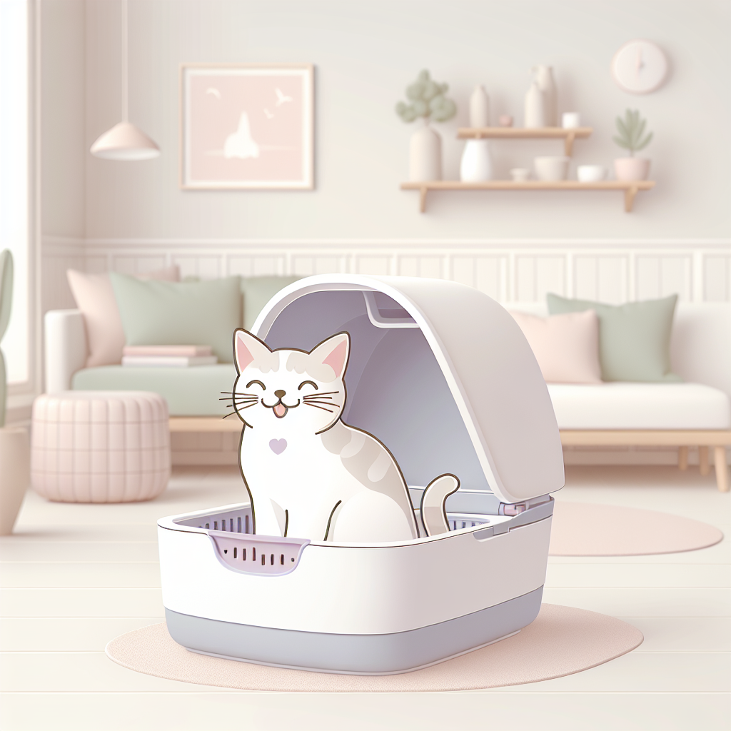 Chat tigré utilisant une litière automatique moderne dans un intérieur propre et lumineux