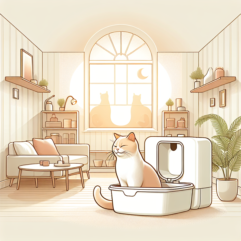 Chat tigré utilisant une litière automatique moderne dans un intérieur contemporain, illustrant le confort et la technologie au service du bien-être animal
