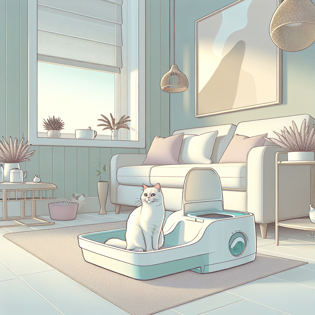 Chat tigré mangeant ses croquettes Carnilove sans céréales près d'une litière automatique moderne dans un intérieur chaleureux