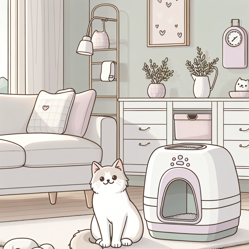 Chat stérilisé se nourrissant paisiblement près d'une litière automatique moderne dans un intérieur chaleureux