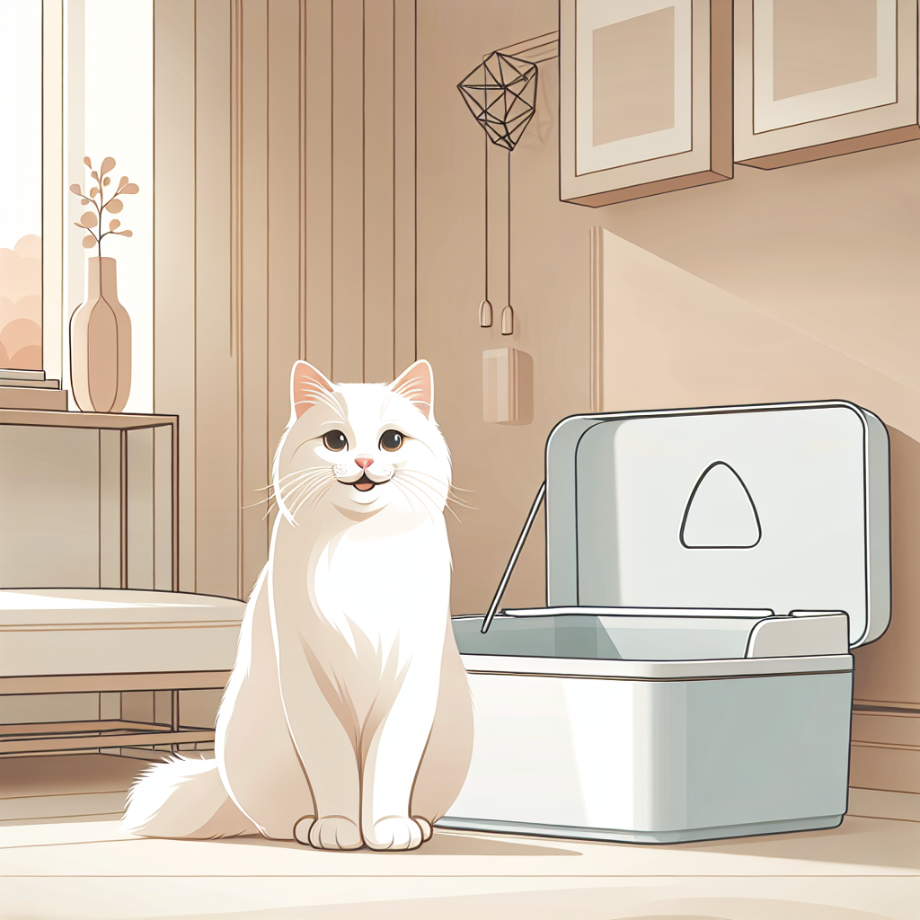 Chat tigré utilisant une litière automatique moderne dans un intérieur contemporain et lumineux