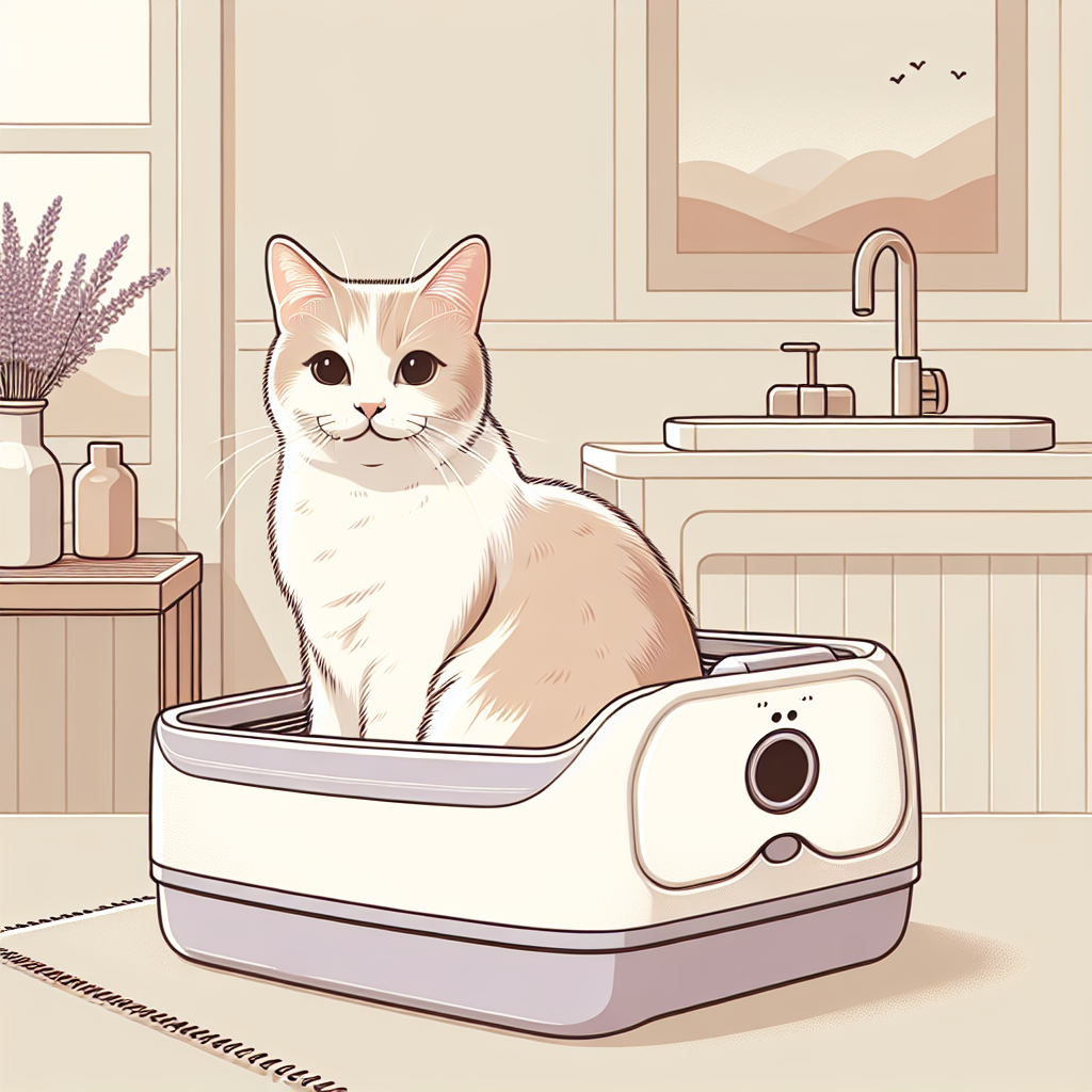 Chat stérilisé utilisant confortablement une litière automatique moderne dans un intérieur chaleureux