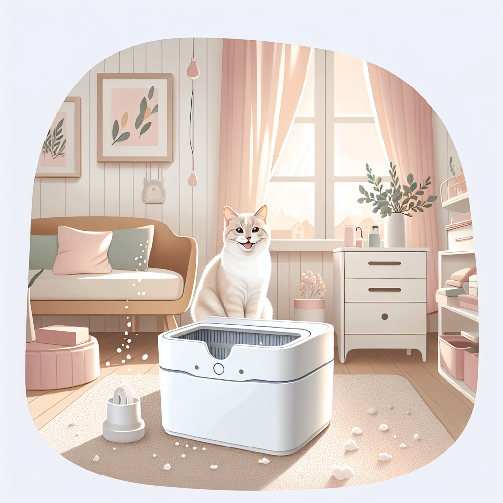 Chat tigré utilisant sereinement une litière automatique Lala Home dans un intérieur moderne et lumineux