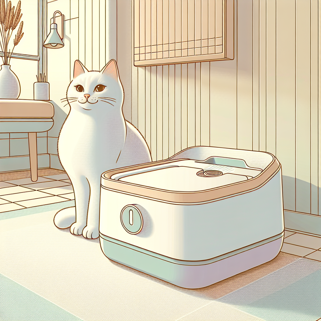 Chat gris utilisant une litière automatique moderne avec systèmes de sécurité visibles, dans un intérieur contemporain et lumineux