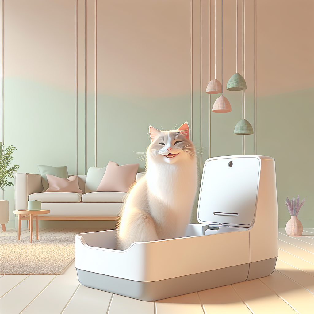 Chat élégant près de sa litière automatique moderne avec des croquettes Orijen sans céréales, dans un intérieur contemporain et lumineux
