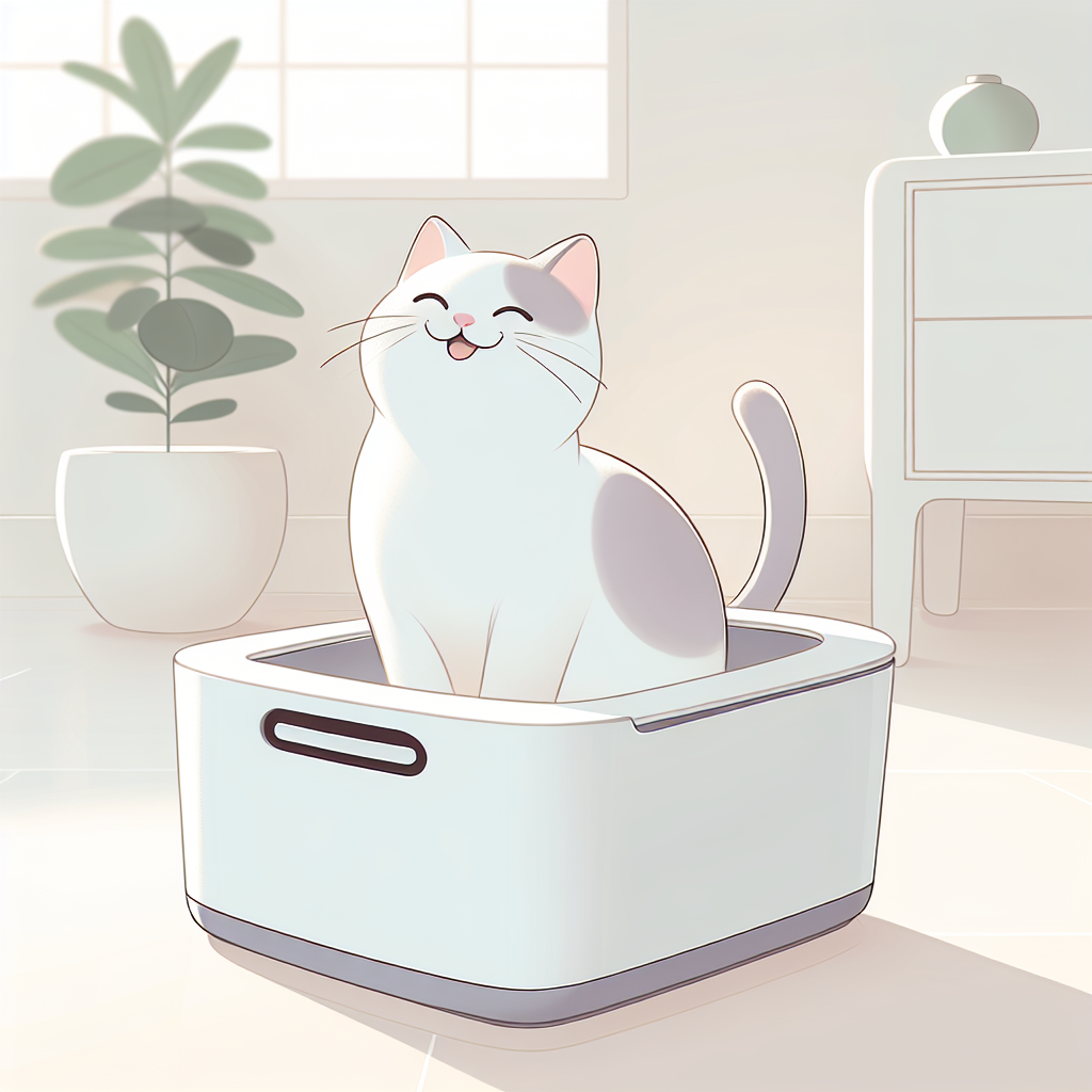 Chat stérilisé paisible près de sa litière automatique moderne dans un intérieur confortable