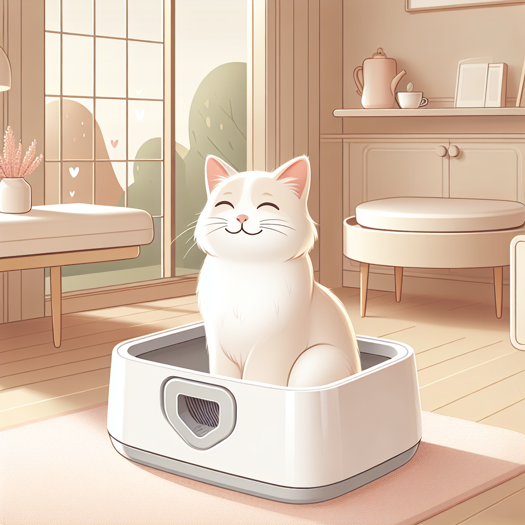 Chat tigré utilisant une litière automatique moderne dans un intérieur contemporain et lumineux