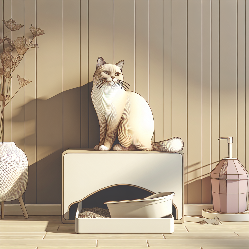 Chat tigré mangeant des croquettes sans céréales près d'une litière automatique moderne dans un intérieur contemporain