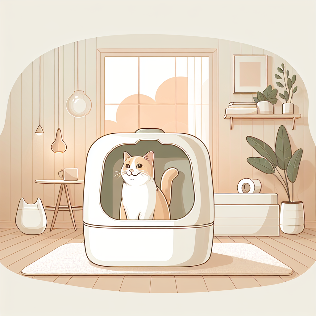 Chat stérilisé paisible près de sa litière automatique moderne dans un intérieur soigné