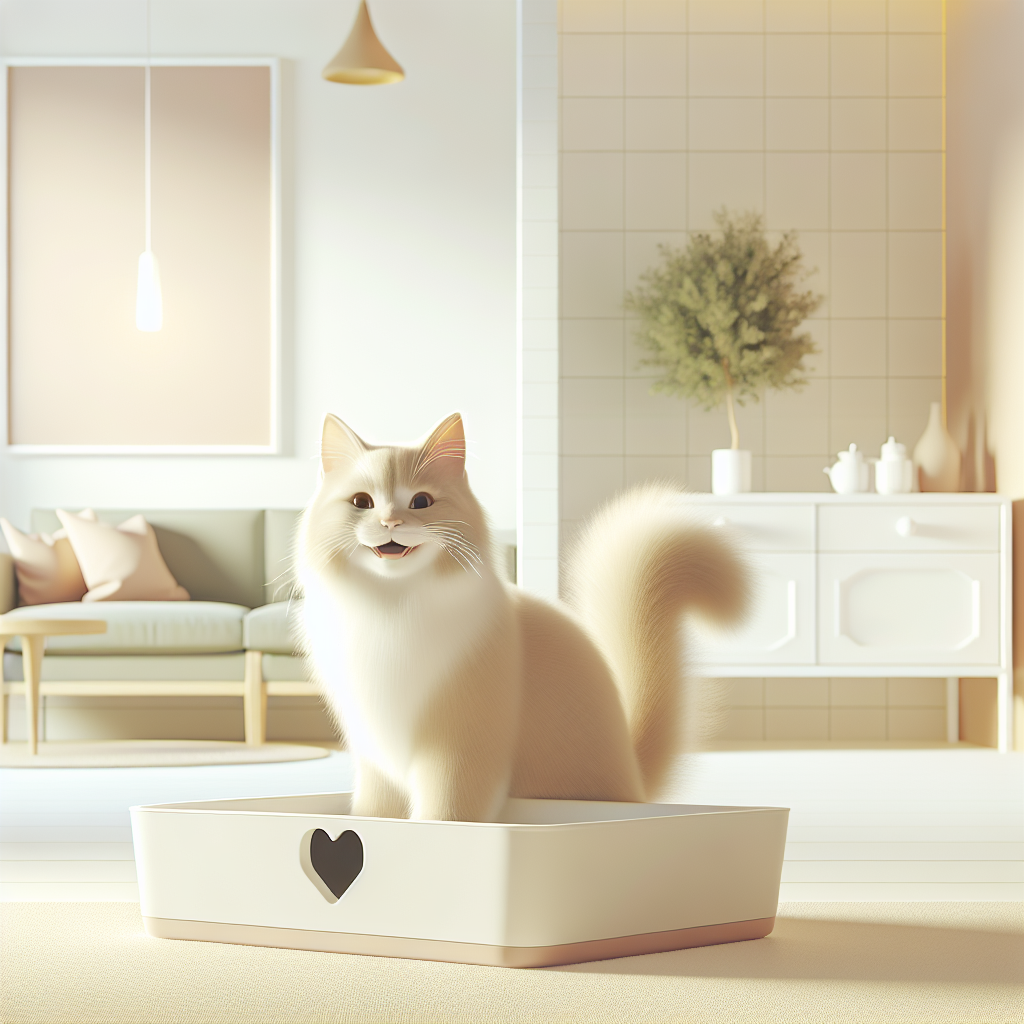 Chat élégant sortant d'une litière automatique moderne dans un intérieur contemporain et lumineux