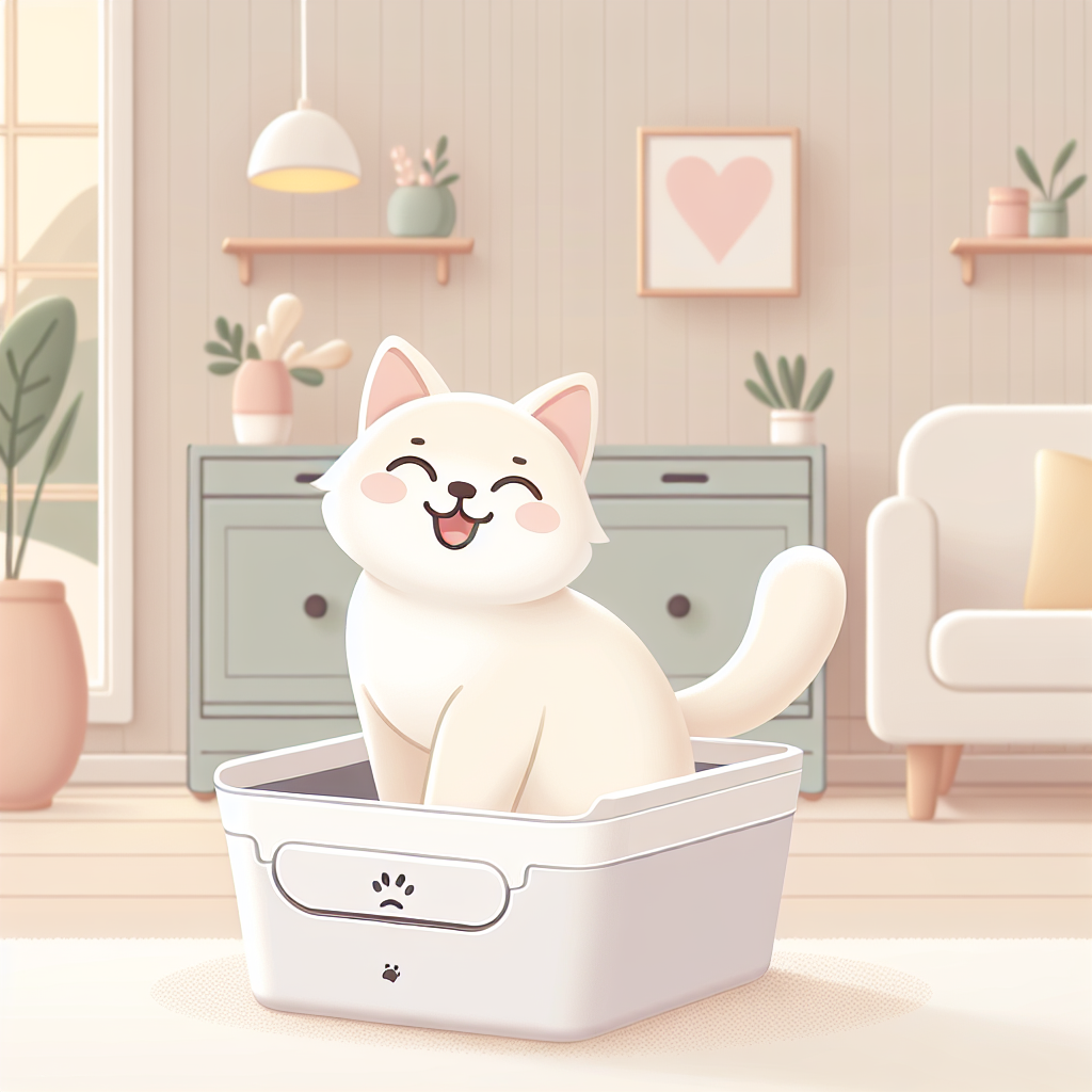 Chat tigré utilisant une litière automatique moderne dans un intérieur contemporain et lumineux