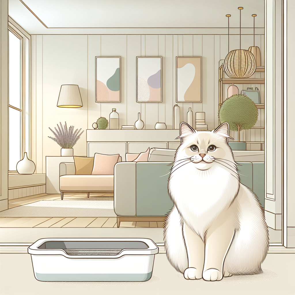 Chat gris utilisant une litière automatique moderne dans un intérieur contemporain et propre