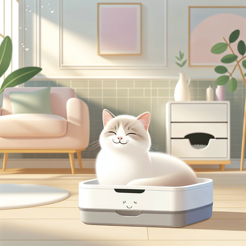 Chat gris tigré utilisant une litière automatique moderne dans un salon lumineux et épuré
