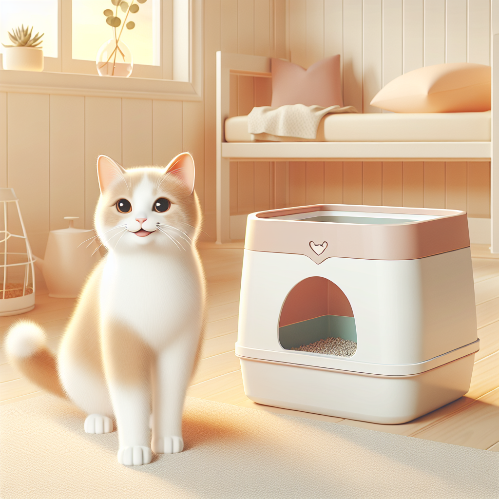 Chat utilisant une litière automatique moderne dans un intérieur élégant et épuré