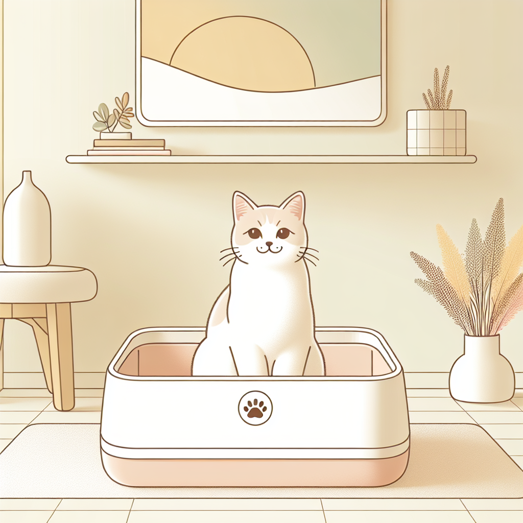 Chat tigré observant curieusement une litière automatique moderne dans un intérieur contemporain