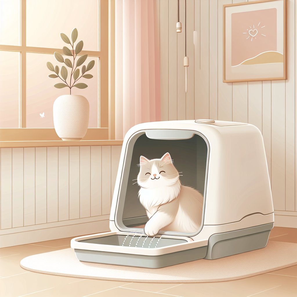 Chat sortant de sa litière sur un tapis de propreté dans un intérieur moderne et soigné