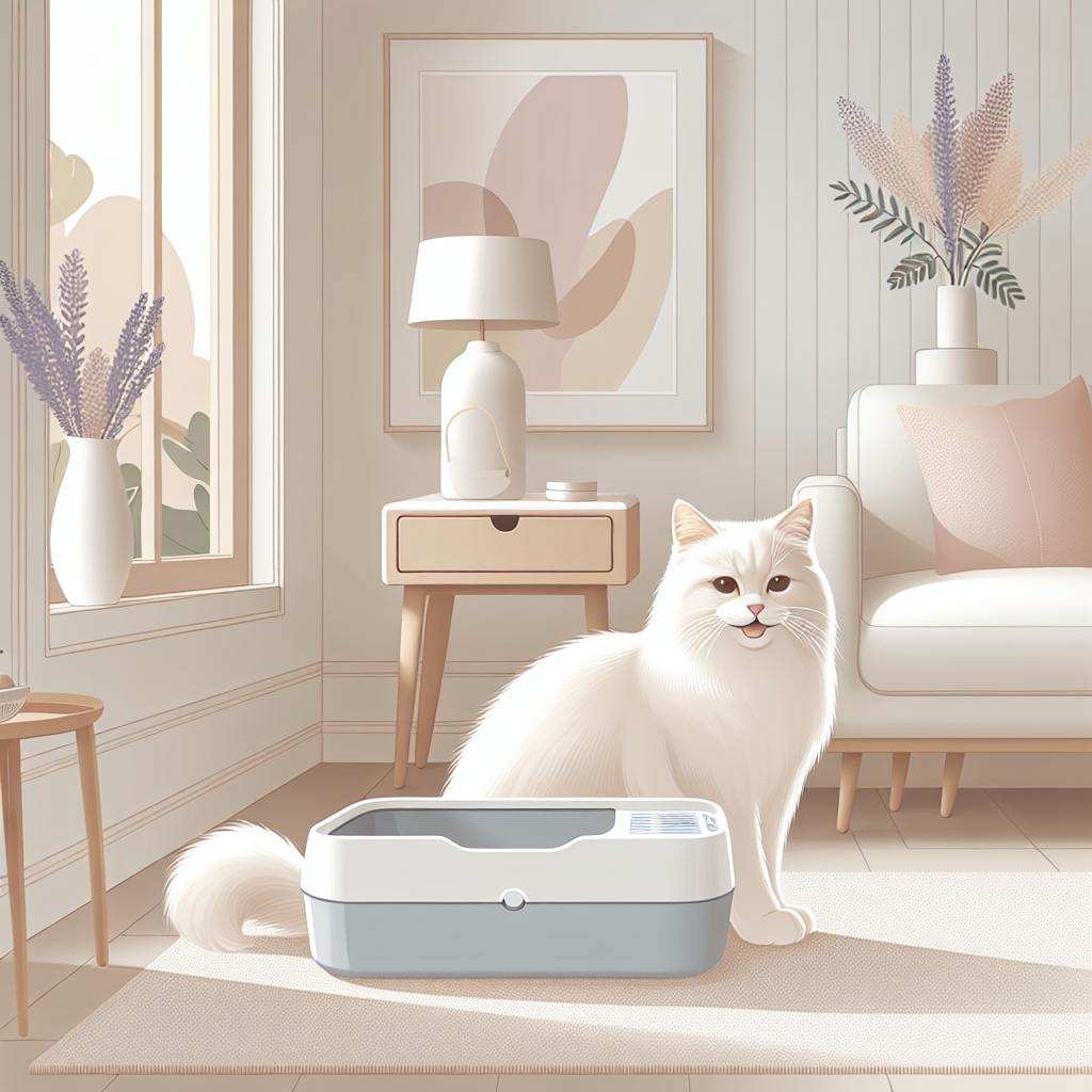 Chat tigré en bonne santé mangeant dans sa gamelle, avec une litière automatique moderne en arrière-plan dans un intérieur lumineux