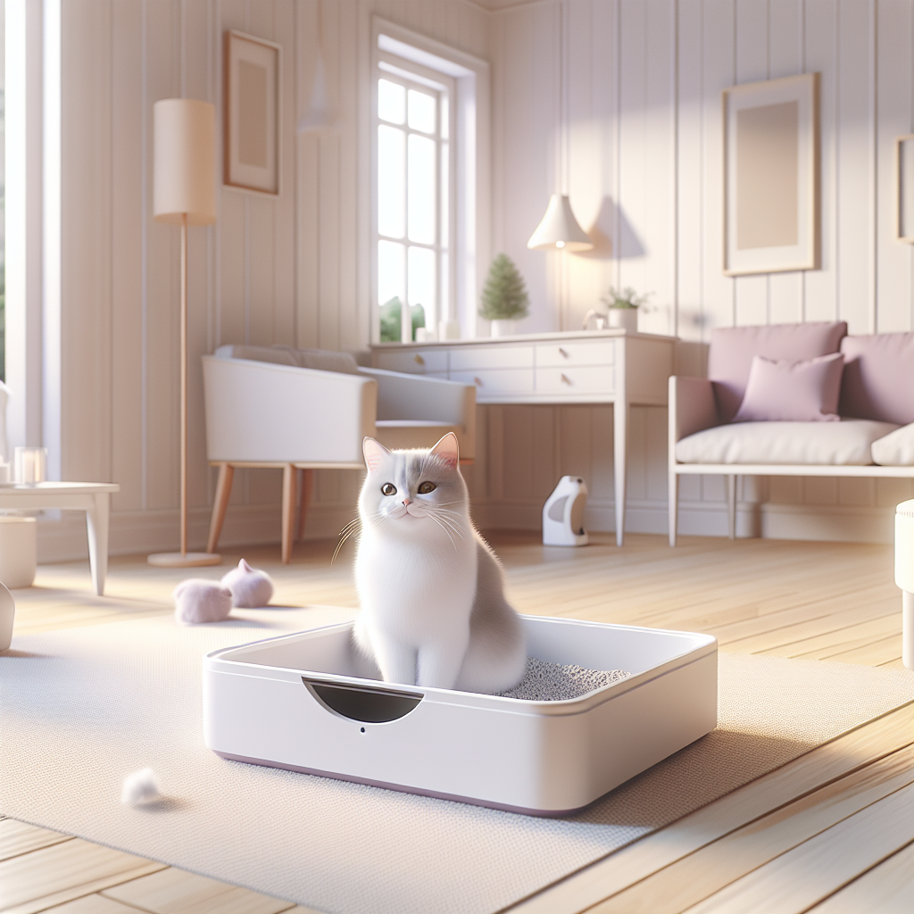 Chat tigré utilisant une litière automatique moderne dans un intérieur contemporain et lumineux