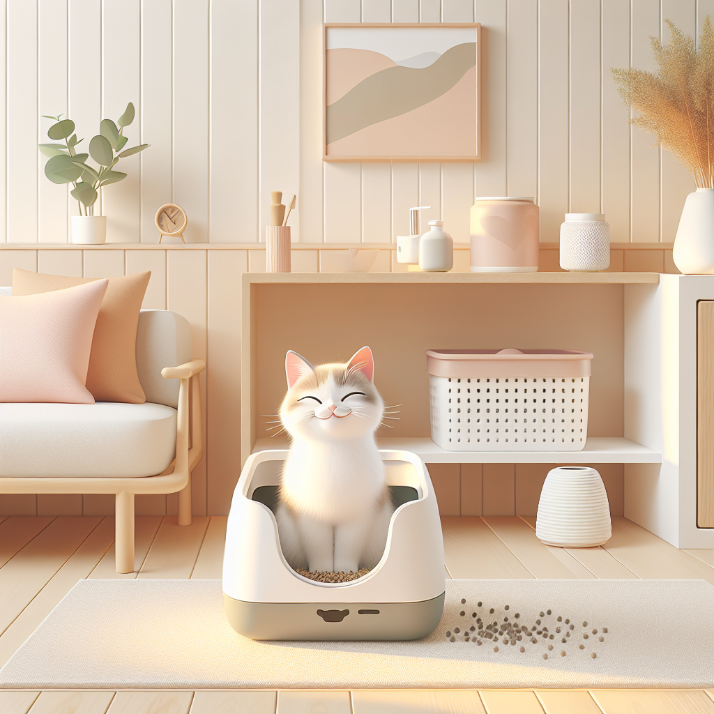 Chat tigré utilisant une litière automatique moderne dans un intérieur propre et lumineux