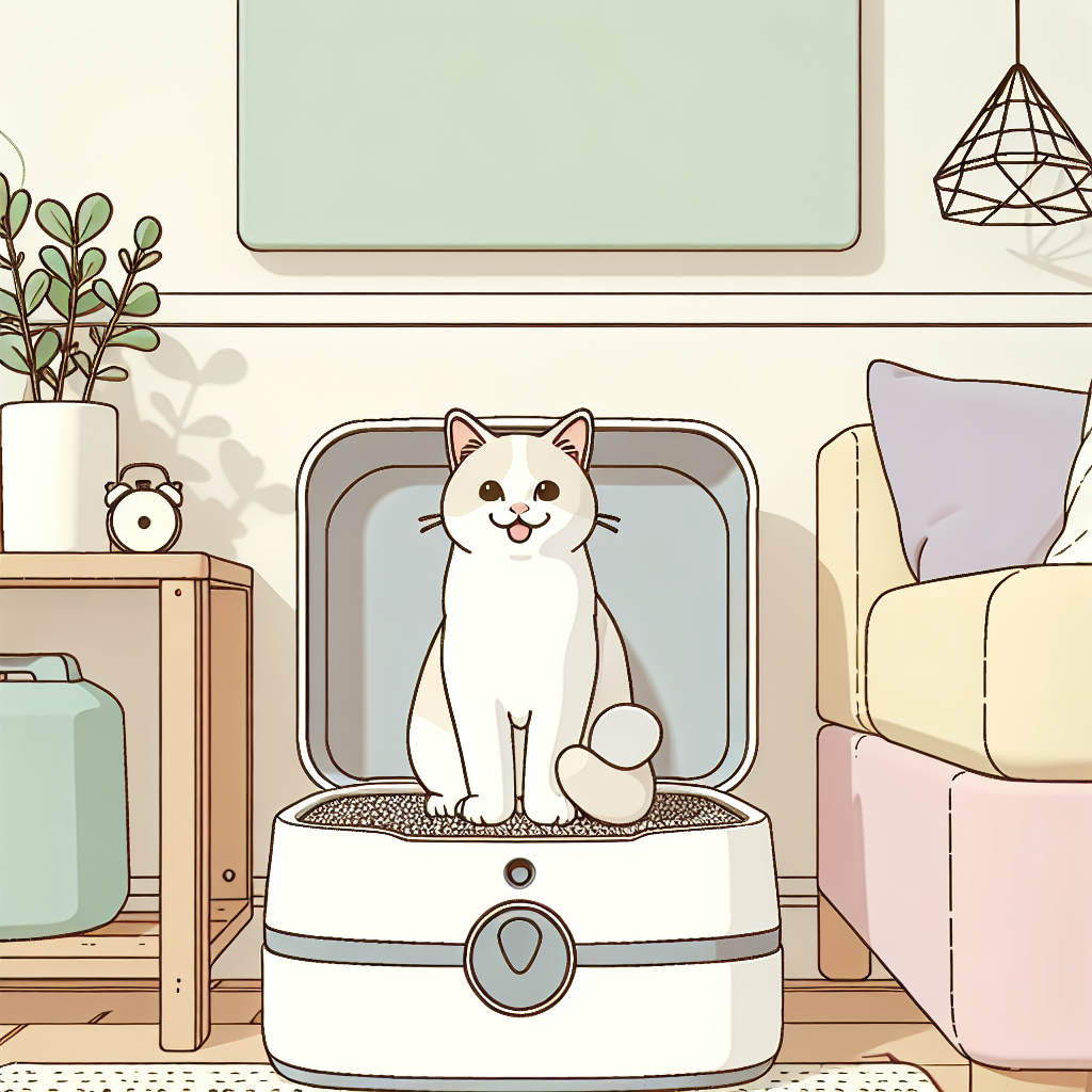 Chat tigré utilisant paisiblement sa litière automatique dans un intérieur moderne et épuré