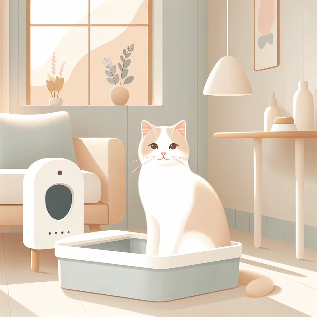 Chat stérilisé mangeant ses croquettes près d'une litière automatique moderne dans un intérieur contemporain et lumineux