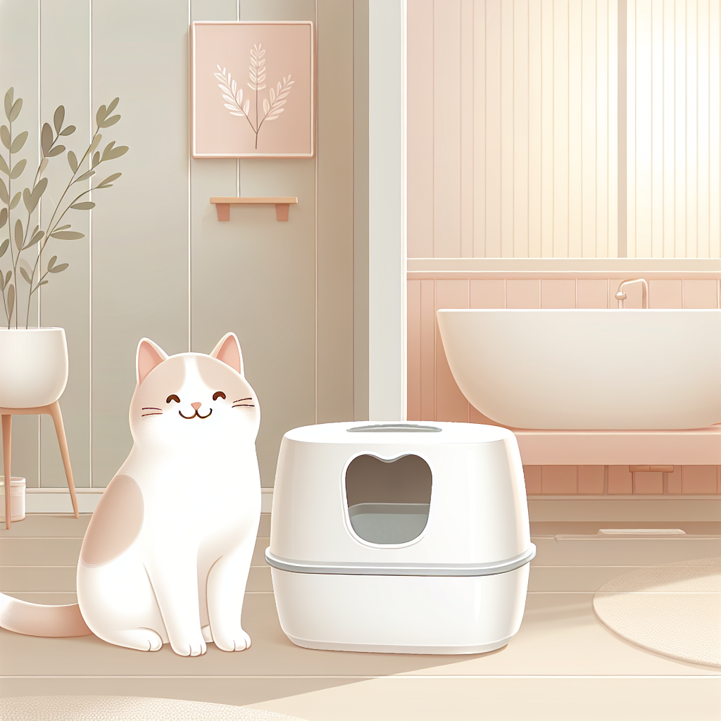 Chat tigré utilisant une litière automatique moderne dans un intérieur contemporain et lumineux