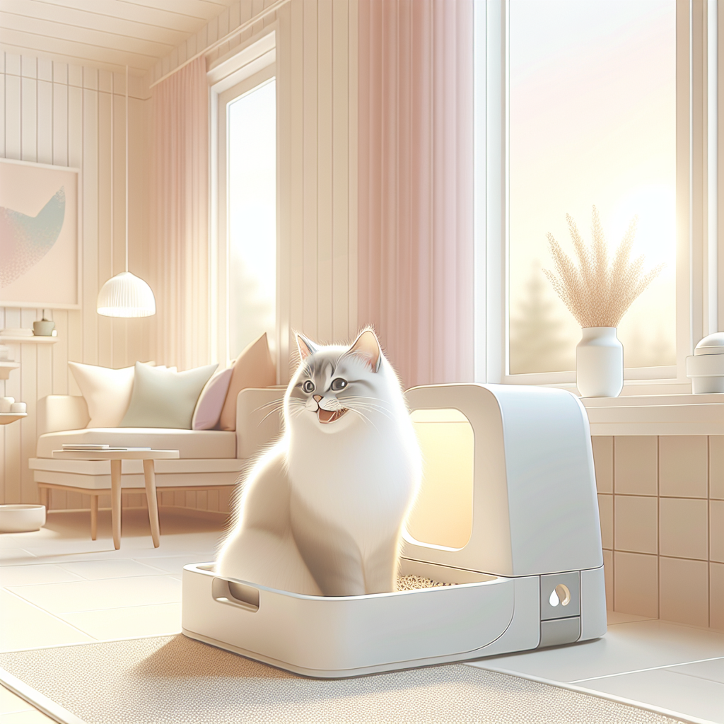 Chat tigré utilisant une litière automatique moderne dans un intérieur propre et lumineux