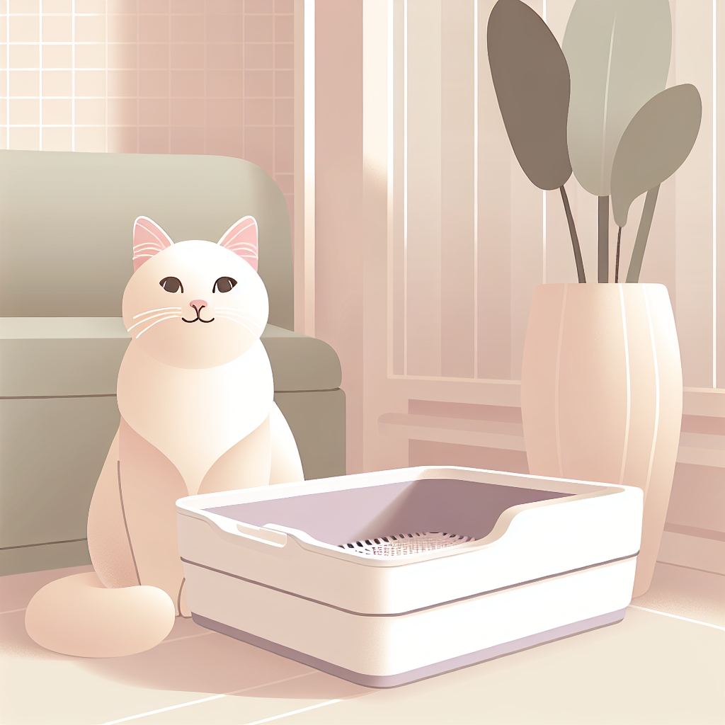 Chat gris utilisant une litière automatique moderne dans un intérieur contemporain, illustrant le confort et la propreté d'une litière connectée