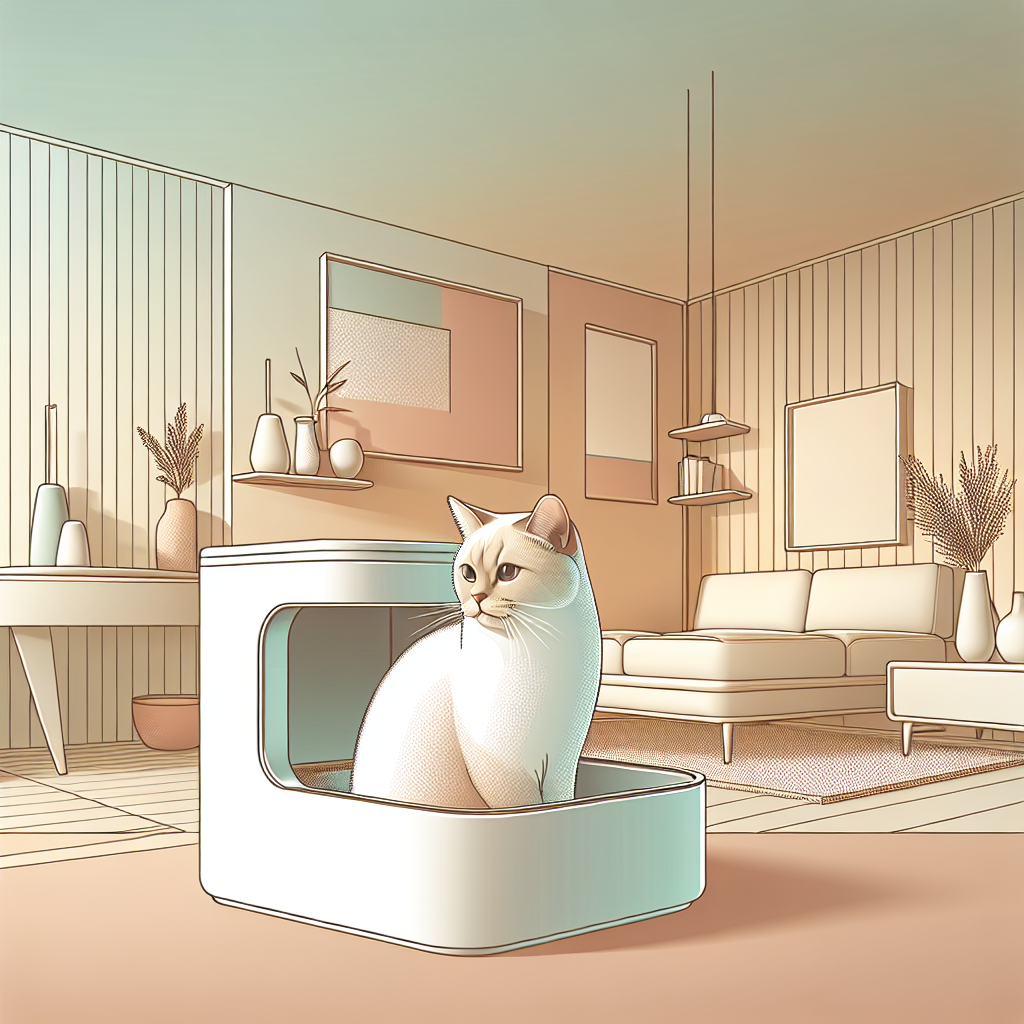 Chat tigré mangeant des croquettes premium dans un bol moderne avec litière automatique en arrière-plan dans un intérieur contemporain