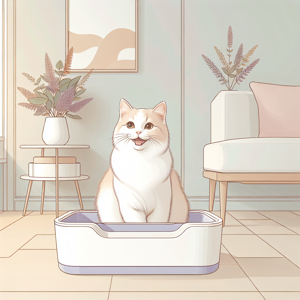 Chat tigré utilisant une litière automatique moderne dans un intérieur contemporain et lumineux