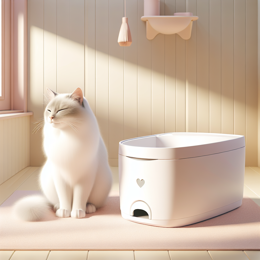 Chat tigré mangeant ses croquettes Royal Canin à côté d'une litière automatique moderne dans un intérieur contemporain