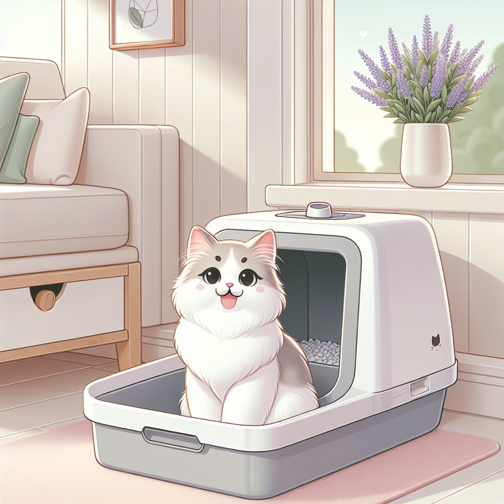 Chat tigré sortant d'un bac à litière couvert moderne dans un intérieur contemporain