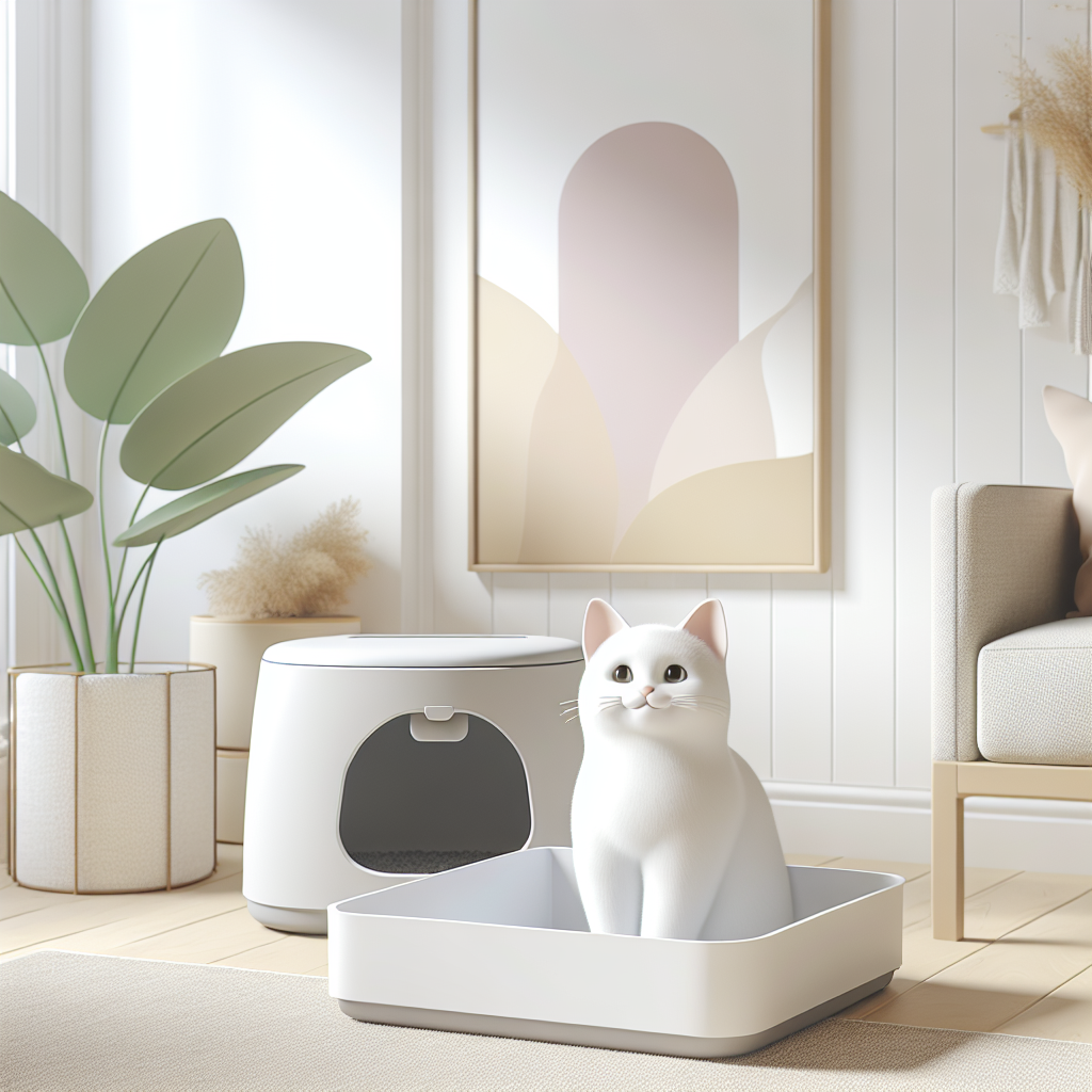 Chat tigré utilisant une litière automatique moderne dans un intérieur contemporain et lumineux
