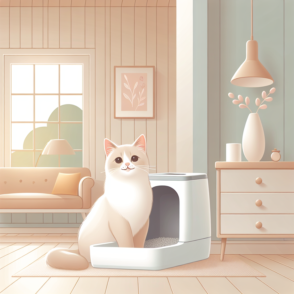 Chat tigré mangeant des croquettes sans céréales dans une gamelle moderne sur un sol carrelé blanc