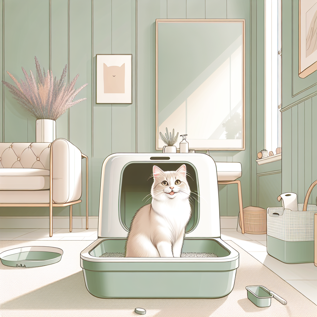 Chat stérilisé mangeant ses croquettes spéciales dans un bol élégant près de sa litière automatique moderne