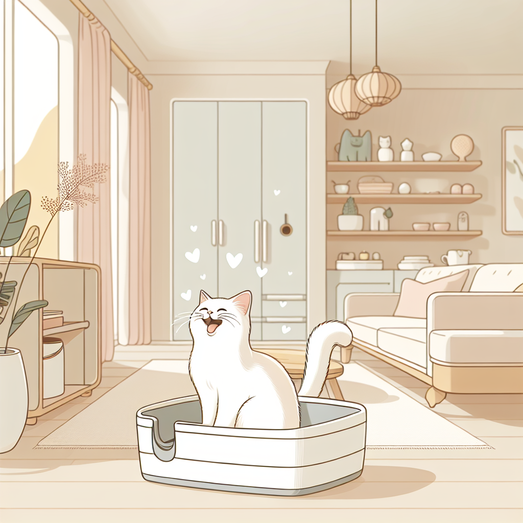 Chat tigré utilisant une litière automatique moderne dans un intérieur contemporain et propre