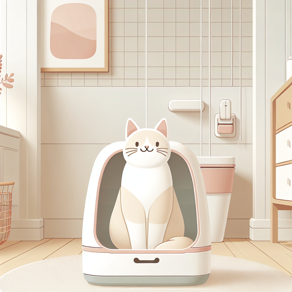 Chat tigré utilisant une litière automatique moderne dans un intérieur contemporain et lumineux