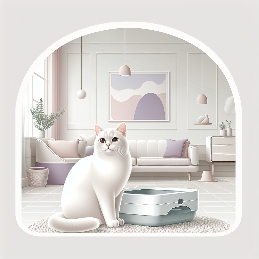 Chat utilisant une litière automatique moderne dans un intérieur contemporain et lumineux