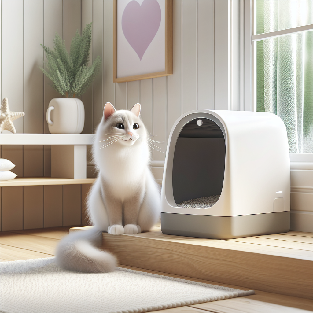 Chat tigré curieux explorant une litière automatique moderne dans un intérieur contemporain et lumineux