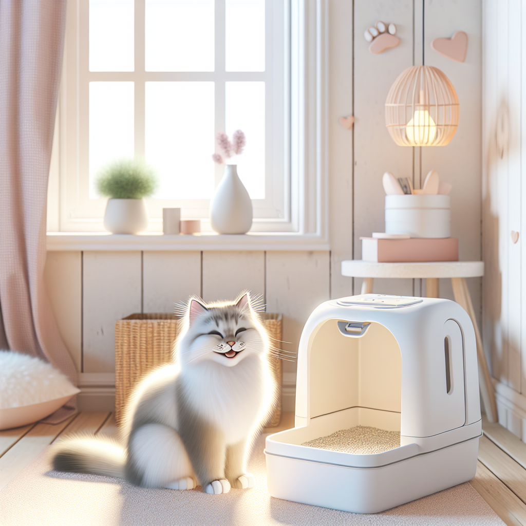 Chat tigré utilisant une litière automatique moderne dans un intérieur contemporain et lumineux