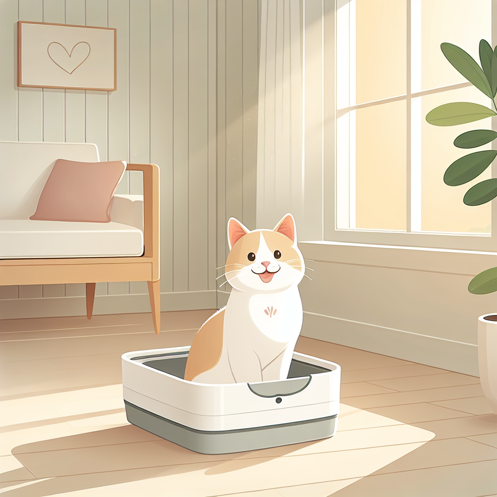 Chat tigré utilisant une litière automatique moderne dans un intérieur contemporain