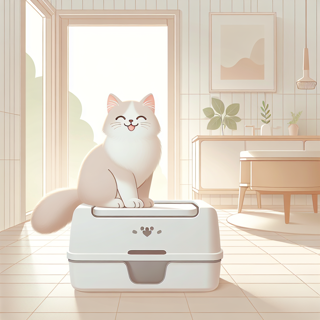 Chat tigré utilisant confortablement sa litière automatique moderne dans un salon contemporain, illustrant le choix entre bac fermé et ouvert