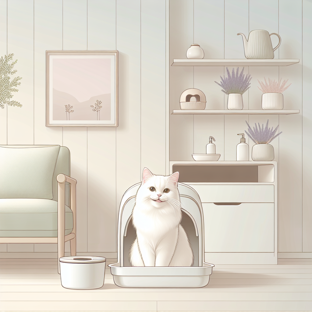 Chat tigré observant une litière automatique moderne dans un intérieur contemporain, illustrant l'hygiène et le confort