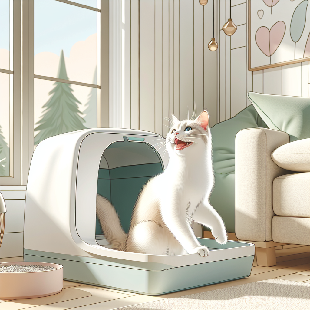 Chat tigré mangeant ses nouvelles croquettes dans une gamelle moderne, avec une litière automatique en arrière-plan dans un intérieur chaleureux