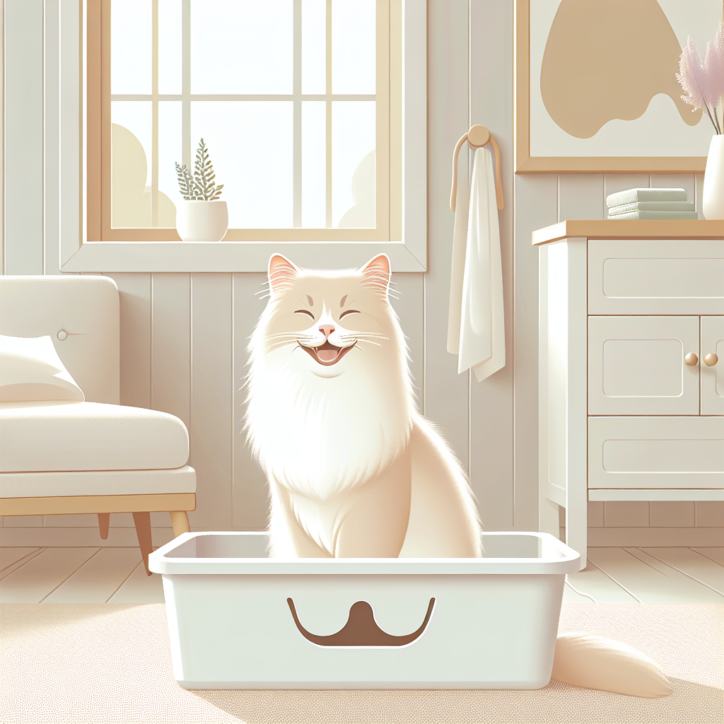 Chat curieux observant prudemment une litière automatique moderne dans un intérieur chaleureux