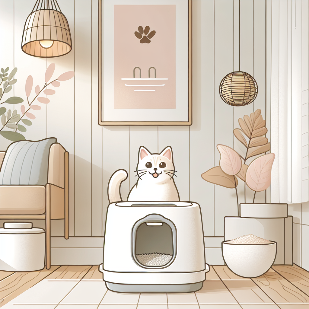 Chat gris tigré regardant sa litière automatique moderne dans un intérieur contemporain et lumineux