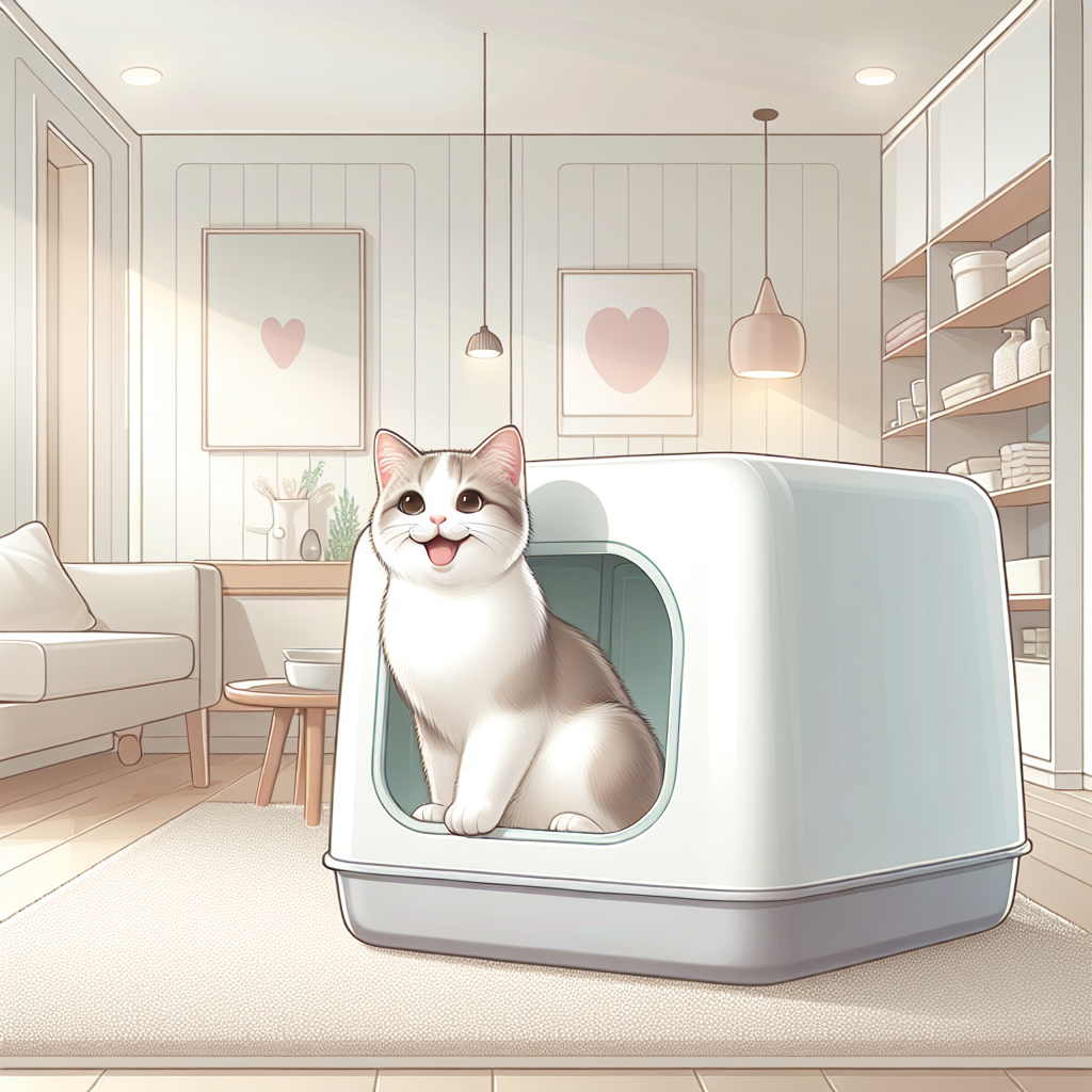 Chat tigré buvant dans une gamelle d'eau fraîche près de sa litière automatique moderne dans un intérieur chaleureux