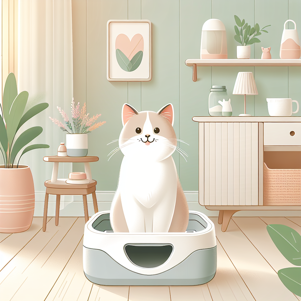 Chat gris paisible utilisant une litière automatique moderne dans un intérieur contemporain et lumineux