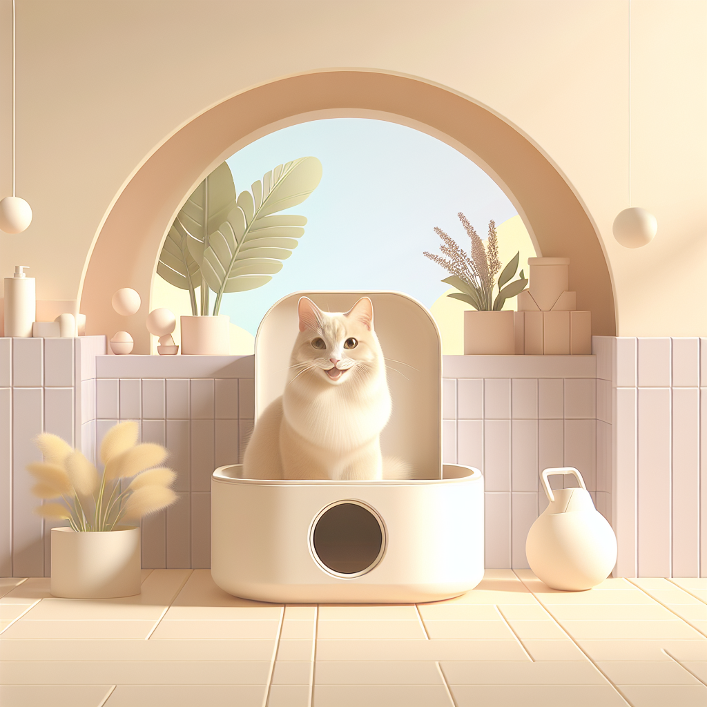 Chat gris et blanc sortant sereinement d'une litière automatique moderne et sécurisée