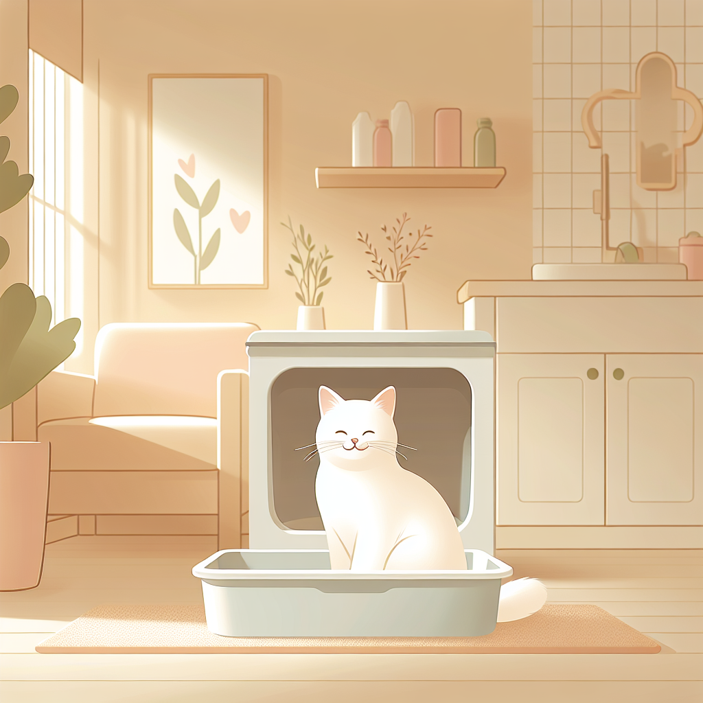 Chat tigré paisible près d'une litière automatique moderne dans un intérieur chaleureux